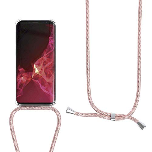 XCYYOO Carcasa de movil con Cuerda para Colgar Samsung Galaxy S9 -Funda para iPhone/Samsung/Huawei con Correa Colgante para Llevar en el Cuello -Hecho a Mano en Berlin[Transparente TPU Case/Oro Rosa]