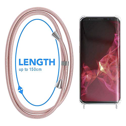 XCYYOO Carcasa de movil con Cuerda para Colgar Samsung Galaxy S9 -Funda para iPhone/Samsung/Huawei con Correa Colgante para Llevar en el Cuello -Hecho a Mano en Berlin[Transparente TPU Case/Oro Rosa]