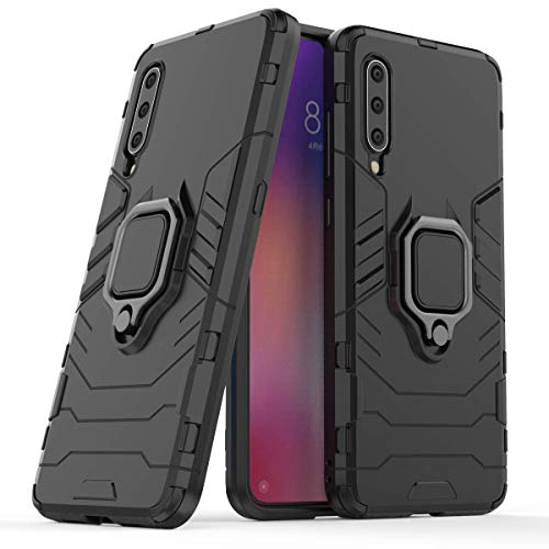 XIFAN Funda para Xiaomi Mi 9 [Robusto] Anillo Metálico Soporte [Funciona con El Montaje De Coche Magnético] Case Carcasa, Negro + 2 Piezas Protector de Pantalla