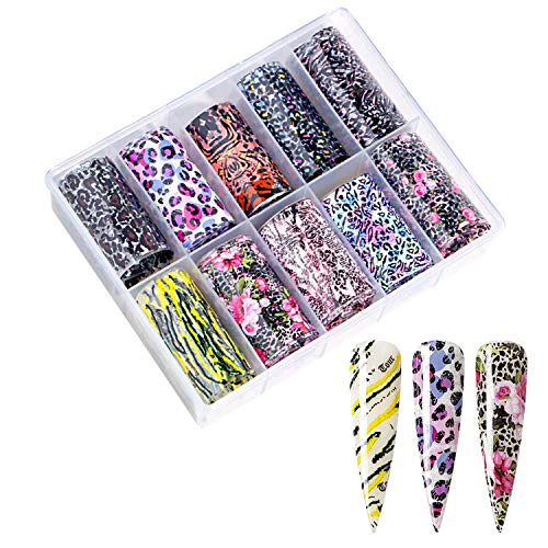 Xnuoyo 10 Rolls Nail Foil Transfer Sticker, Nail Stickers Tips Wraps Transferencia Decals Agua Pegatinas Uñas para DIY Manicura Maquillaje Calcomanías de Bricolaje Decoración (Leopard2)