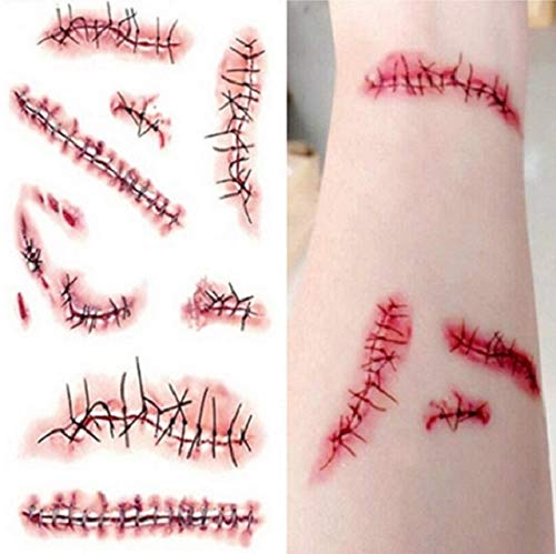 XT-direct Halloween Zombie Cicatrices Tatuajes Pegatinas, Extraíble Impermeable Tatuaje Temporal Especial Disfraces de Halloween Halloween Maquillaje Pegatinas 10 unids