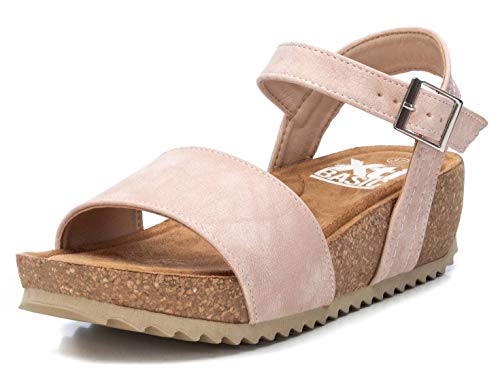 XTI - Sandalia de Cuña para Mujer - Sandalia con Cierre de Hebilla - Tacón 4 cm - Color Nude - Talla 38