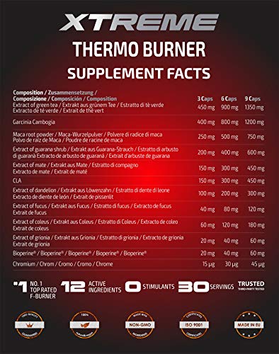 Xtreme Thermo Burner |Termogénico 100% Natural | 90 Pastillas Veganas | Té Verde + Maca + Garcinia + Guaraná | Quemador de Grasa Para Keto Dieta y Pérdida de Peso| Preservar los músculos |Certificado