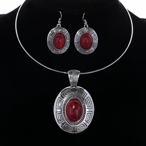 YAZILIND Plata Tibetano étnico Declaración Oval Rojo Turquesa Colgante Pendientes Collar Babero de la joyería