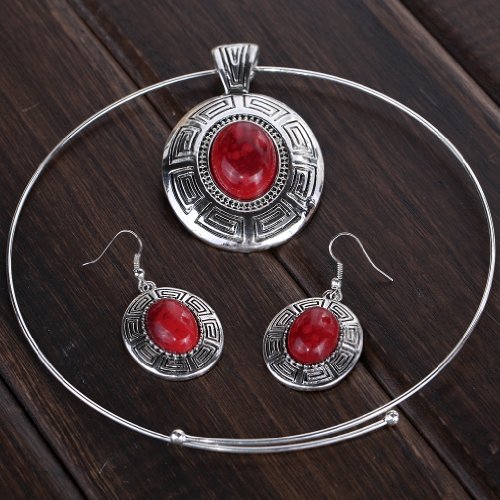 YAZILIND Plata Tibetano étnico Declaración Oval Rojo Turquesa Colgante Pendientes Collar Babero de la joyería