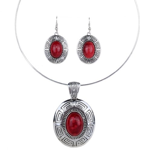 YAZILIND Plata Tibetano étnico Declaración Oval Rojo Turquesa Colgante Pendientes Collar Babero de la joyería