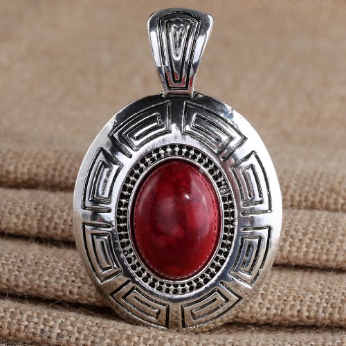 YAZILIND Plata Tibetano étnico Declaración Oval Rojo Turquesa Colgante Pendientes Collar Babero de la joyería