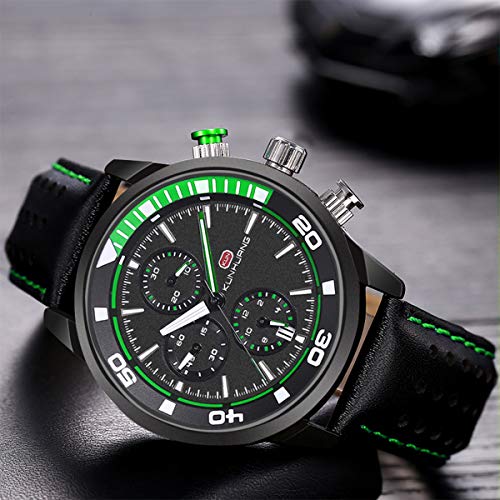 YiLuFanHua Multifunción Reloj Hombre Cronógrafo, Deportes Luminosos Deportes Cuero De Relojes con Indicador De Fecha Enviar Al Padre Amante Regalo Navidad,Verde