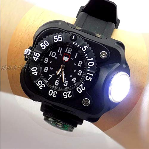 Yiyu 3 en 1 Super Brillante LED del Reloj de la antorcha Impermeable Recargable Linterna con Las Luces del Reloj del compás táctico Linternas Deportes al Aire Libre de los Hombres x (Color : Black)