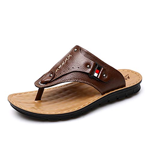 YNSH Chancletas de cuero para hombre Zapatillas de piel de vacuno Tanga Playa Planos Zapatos casuales Sandalias