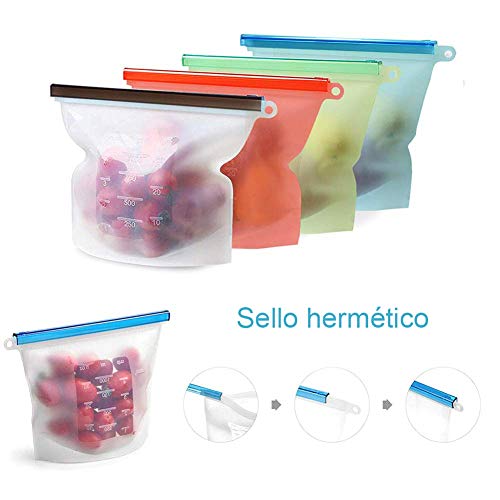 Yompz Bolsas de Silicona, Bolsas Reutilizables de Silicona, Bolsas de Comida, Bolsas a Prueba de Fugas y Sellables para Almacenar Congelación, Calefacción Recipiente hermético(4 x 1L)