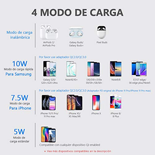 yootech Cargador Inalámbrico Rápido, 7.5W Carga Inductiva para iPhone SE 2020/11/11 Pro/11 Pro MAX/XS MAX/XR/XS/X/8+/8, 10W para Galaxy S20/Note 10/S10/S10e/S9/Note 8/S8/S7, AirPods Pro(NO Adaptador)