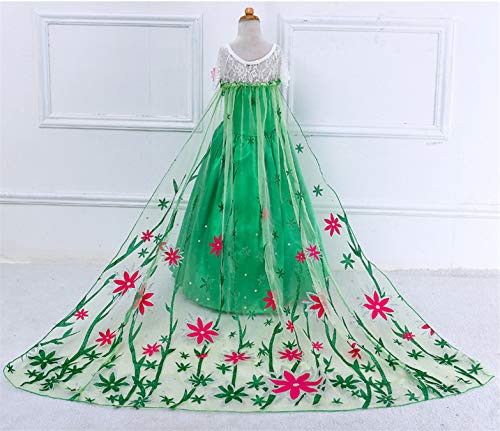 YOSICIL Princesa Disfraz Frozen Elsa Verde Disfraces Princesas Disfraz Infantil niña Bordado Fancy Dress con Mangas de Encaje Transparente Princesa Cosplay Vestido para Niñas 100cm-150cm