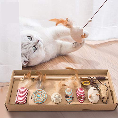 Yuning Juguete de Gato,7 Piezas de reemplazable Juego de Regalo,Juguetes para Gatos con Plumas Interactivo Caña de Juegos,Juguete para Plumas de Gato, de Juguete de Gatopara Gato