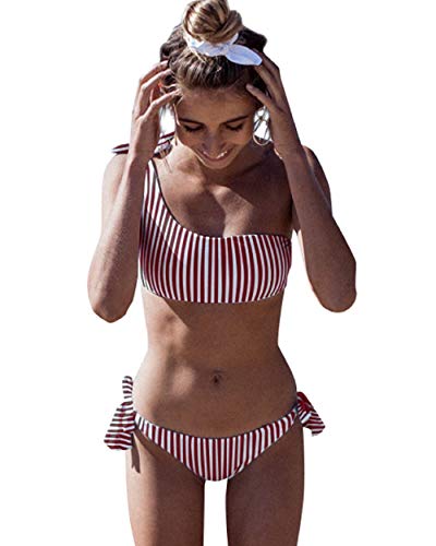 Yuson Girl Conjuntos De Bikini Rayas Talle Alto Retro Brasileños Mujer Sexy Traje De Baño Cuello Halter Strapless Off Shoulder Bra Top Bikini Push Up Anudado Tanga Braga Bikini Triangulo Alta