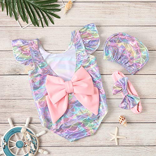 YWLINK Traje De BañO para NiñOs 3PC Mono Sin Espalda con Volantes Y Lentejuelas Estampado De Escamas De Pescado Top Sin Mangas+BañAdor+ Gorro De BañO Regalo(Multicolor,12-18 Meses)