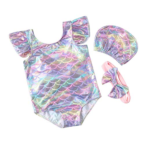 YWLINK Traje De BañO para NiñOs 3PC Mono Sin Espalda con Volantes Y Lentejuelas Estampado De Escamas De Pescado Top Sin Mangas+BañAdor+ Gorro De BañO Regalo(Multicolor,12-18 Meses)