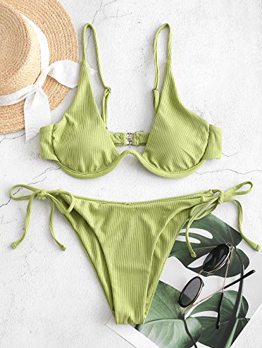 ZAFUL - Conjunto de bikini de dos piezas para mujer, con cableado en V, alta presión, con perchas de corte alto verde M