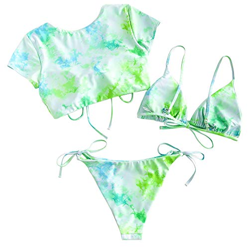 ZAFUL Tie Dye Cinched String Triangle Bikini Set verde-1 S