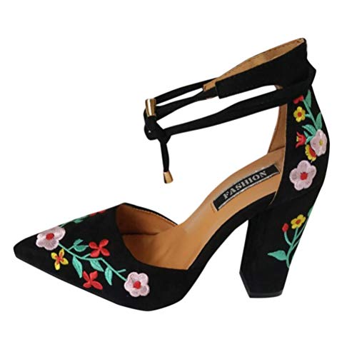 Zapato mujer negro bordado, Covermason Bordado de flores silvestres para mujeres con puntas crudas de tacón alto