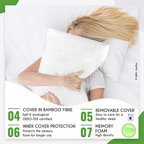 ZenPur Almohada 70 x 35 cm Cervical Viscoelástica Bambú Orgánico – Almohada Ortopédica Hipoalérgenica Firmeza Media - Almohada Anti Ácaros con Funda de Bambú