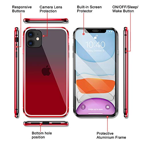 ZHIKE Funda para iPhone 11, Marco de Metal Magnético Frente y Parte Posterior Vidrio Templado Cobertura Pantalla Completa de una Pieza Color Degradado Diseño Antideslizante (Rojo)