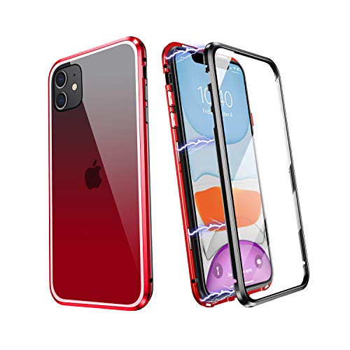 ZHIKE Funda para iPhone 11, Marco de Metal Magnético Frente y Parte Posterior Vidrio Templado Cobertura Pantalla Completa de una Pieza Color Degradado Diseño Antideslizante (Rojo)