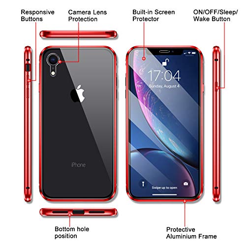 ZHIKE Funda para iPhone XR, Marco de Metal Magnético Frente y Parte Posterior Vidrio Templado Cobertura Pantalla Completa de una Pieza Color Degradado Diseño Antideslizante (Rojo)