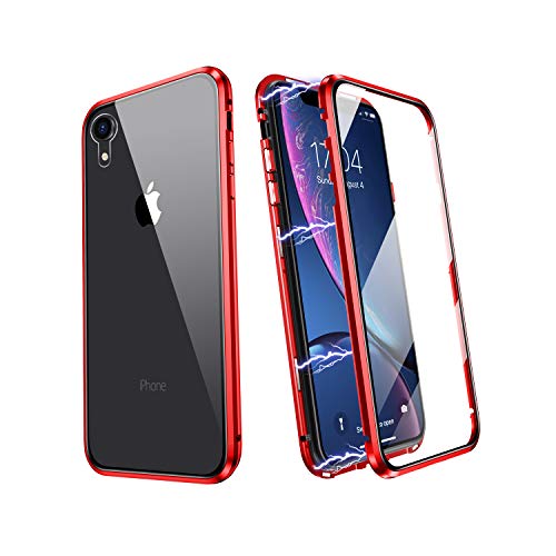 ZHIKE Funda para iPhone XR, Marco de Metal Magnético Frente y Parte Posterior Vidrio Templado Cobertura Pantalla Completa de una Pieza Color Degradado Diseño Antideslizante (Rojo)