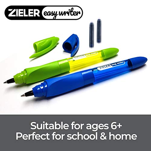 Zieler - Paquete de 2 bolígrafos ergonómicos para escritura a mano - Aptos para diestros y zurdos - Mango ergonómico de goma suave - Punta de 0,7 mm media, trazado elegante - 2 cartuchos de tinta