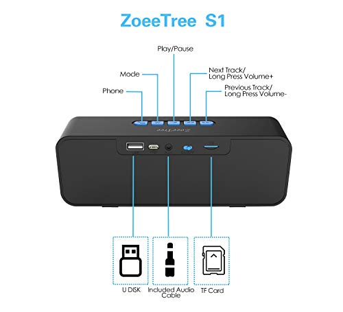 ZoeeTree S1 Altavoces Bluetooth, Bluetooth 5.0, Altavoz Portatil Bluetooth, Estereo, al Aire Libre, con HD Audio y Manos Libres, Radio FM Antena Construido, USB, Llamadas Manos Libres y TF.