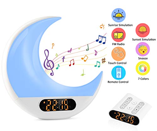 ZOTO - Reloj despertador para niños, con mando a distancia y control táctil, simulación de amanecer/atardecer y función de repetición, 7 colores/7 sonidos/radio FM/función de memoria de tiempo luz