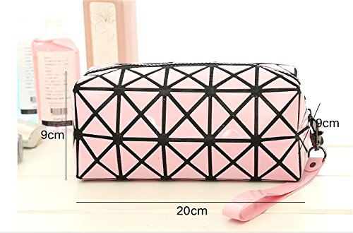 1 bolso plegable para mujer, con diseños de rombos, de piel sintética, en forma de cubo, para maquillaje o como bolso de mano rosa Rosa