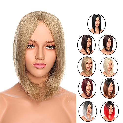 12"(30cm) Peluca Rubia/Gris Mujer Media Melena Bob Corta Lisa Pelo Sintético Se Ve Natural para Disfraces Fiesta Cosplay Synthetic Wig for Women (Rubio Ceniza/Rubio Claro/Gris Plateado)