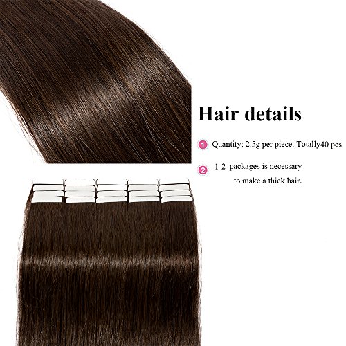 14"(35cm) Extensiones Adhesivas de Cabllo Natural Sin Clip 100% Remy Pelo Natural Humano Invisible Tape in Hair Extensions 40 Unidades (80g,#2 Marrón Oscuro)