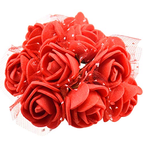 144 Piezas Mini Rosas en Espuma, Ramos de Rosas Artificiales, Falsas Flor de Rosa Cabeza con Vástago, Pequeño Artificial Flores para Manualidades DIY Boda Fiesta Hogar Decoración (Rojo)