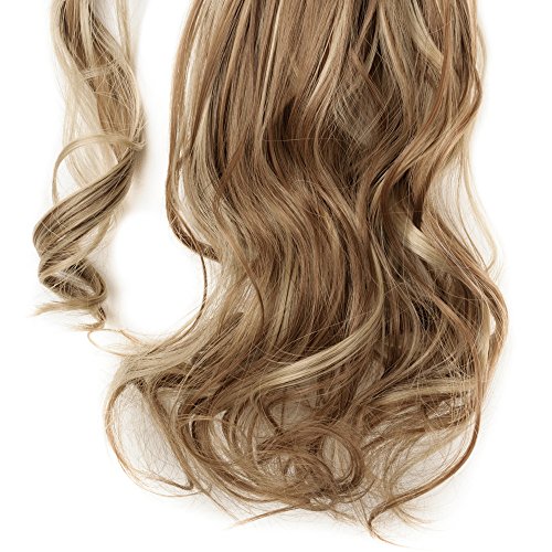 17"(43cm) Coleta Postiza Pelo Natural de Pelo Sintético Extensiones de Cabello Natural Clip Cola Ponytail Hair Extension Rizada Onduladas Largas Pelucas (90g,Castaño Claro mezcla Rubio Ceniza)