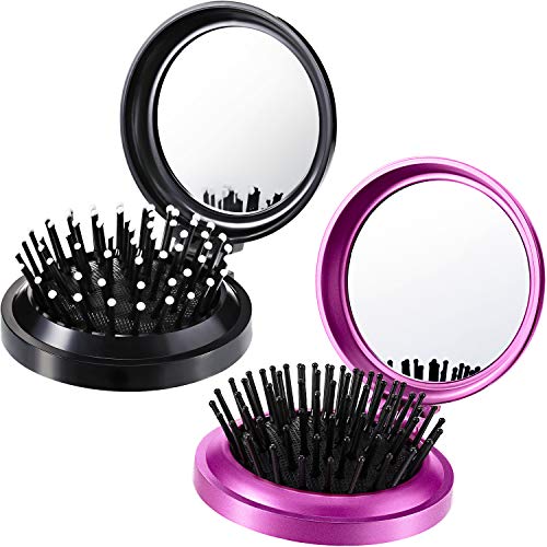 2 Cepillos de Pelo Plegables con Espejo de Viaje Cepillo de Pelo Plegable de Bolsillo Redondo Mini Peine de Masaje de Cabello de Viaje de Tamaño Compacto para Mujeres y Chicas (Negro, Morado)