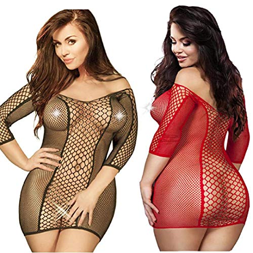 2 Pack Talla Extra Mujer Talla Extra Lencería Ropa Vestidos de camisón de Encaje de Manga Larga Bare Inferior (Negro+Rojo)