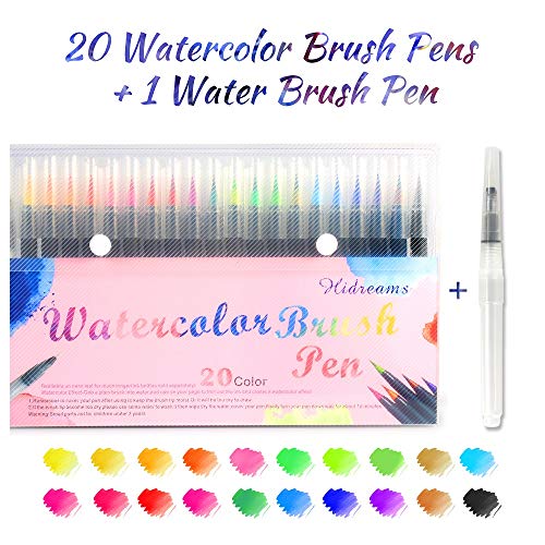 20 Colores Rotuladores Acuarelables y 1 Pincel de Agua, Punta de Pincel de Nylon Suave y Flexible, lápiz de Pincel fácil de Usar