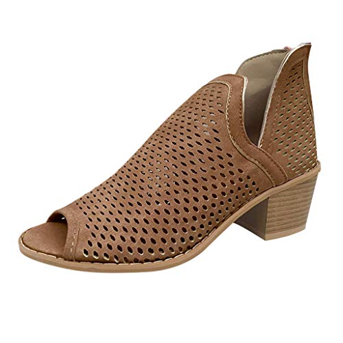 2019 Sandalias Romanas Para Mujer, Botines De Tacón Alto Ancho De Vestir Hollow Zapato Solo Peep-Toe De Boda Fiesta Con Cremallera Zapatillas De Verano Primavera Mocasines(Marron, 41)