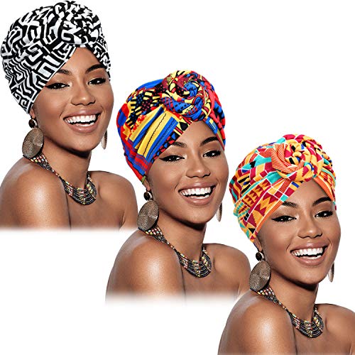 3 Piezas Turbantes Africano para Mujer Gorro de Nudo Pre-Atado Envoltura de Cabeza(Negro Naranja Rosa Geometría)