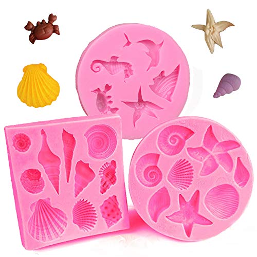 3PCS Seashell y Sea Animal Moldes de Silicona Moldes Herramientas Hechas A Mano Caramelo de Chocolate Fondant Cake Decoration Fondant Mold Silicone Baking Cake Chocolate Molds Rosa