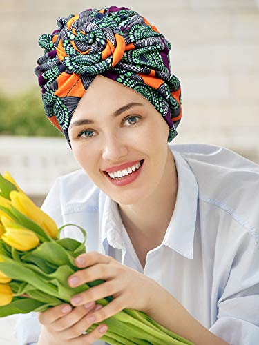 4 Piezas de Turbante de Mujeres Gorro de Dormir de Nudo con Patrón Africano Gorra Preatada (Bohemian Style)