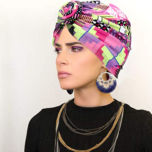 4 Piezas Envolturas de Cabeza de Patrón Africano Gorro Preatado Gorro Turbante Nudo (Geometria BLU Rosa Nera Colorata)