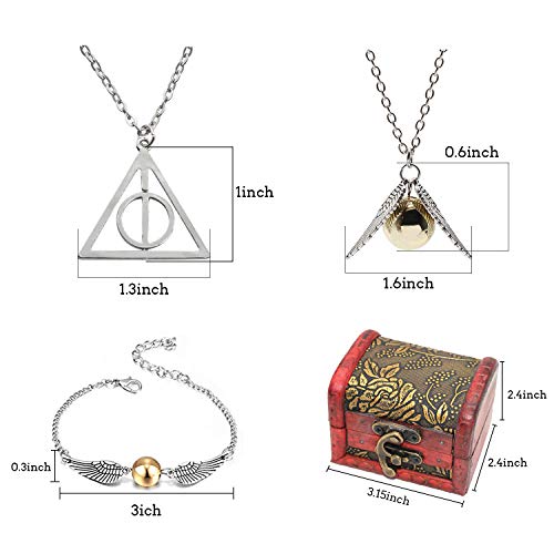 4 UNIDS Harry Potter Inspired Necklace Set Gold Snitch Bracelet con Caja de Regalo para la colección o Decoraciones de los fanáticos de Harry Potter