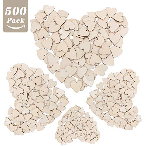 500 Piezas Corazones de Madera Rodajas para Decoración de Boda Manualidades Adornos Artesanales DIY Tamaño 10mm, 20mm, 30mm, 40mm