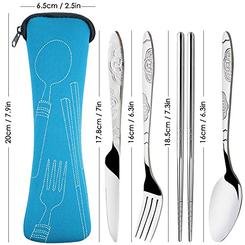 8 piezas Mostrada Conjuntos De Cuchillo, Tenedor, Cuchara, Palillos, SENHAI 2 Pack de vajilla con estuche e para viajar Camping Picnic Excursionismo (Naranja, Azul Claro)