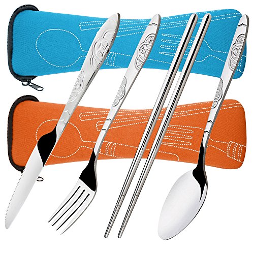 8 piezas Mostrada Conjuntos De Cuchillo, Tenedor, Cuchara, Palillos, SENHAI 2 Pack de vajilla con estuche e para viajar Camping Picnic Excursionismo (Naranja, Azul Claro)