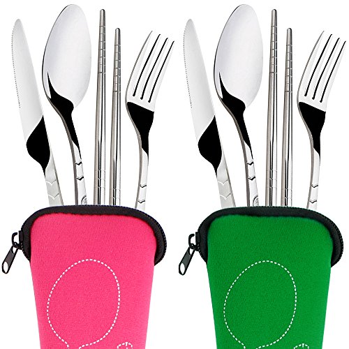 8 piezas Mostrada Conjuntos De Cuchillo, Tenedor, Cuchara, Palillos, SENHAI 2 Pack de vajilla con estuche e para viajar Camping Picnic Excursionismo(verde, rosa)